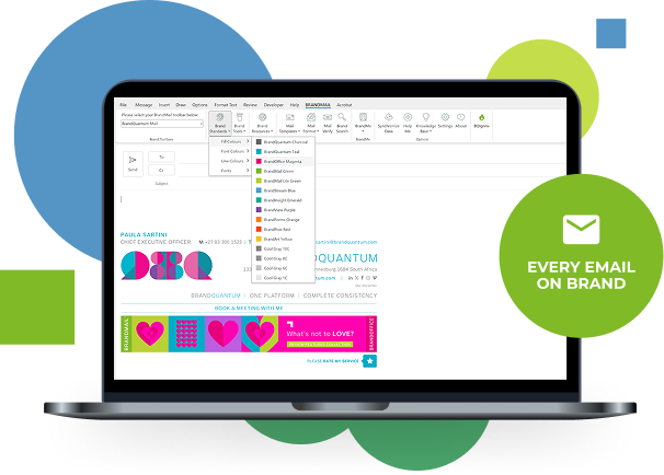BrandMail toolbar in Outlook applying a branded email signature and brand colour palette